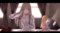 Rule 34 | 2girls, bed, blonde hair, blue hair, breasts, brushing hair, cartonbox (zhixiang zhi), cleavage, closed eyes, comb, curtains, highres, letterboxed, lexington (cv-16) (warship girls r), long hair, multiple girls, saratoga (warship girls r), shirt, warship girls r, window, yawning