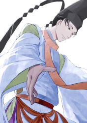 Rule 34 | 1boy, black hair, commentary request, facing viewer, green eyes, green kimono, hat, highres, japanese clothes, kariginu, kimono, light rays, light smile, long sleeves, male focus, nige jouzu no wakagimi, open hand, outstretched arms, red sash, sash, short hair, simple background, solo, spread arms, standing, sunbeam, sunlight, suwa yorishige, tate eboshi, upper body, wide sleeves, yukaueno