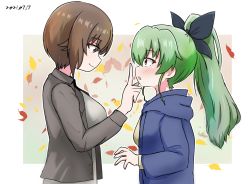 Rule 34 | 2girls, alternate hairstyle, amogan, anchovy (girls und panzer), autumn leaves, black shirt, blue hoodie, brown eyes, brown hair, casual, closed mouth, collared shirt, commentary, dated, from side, girls und panzer, green hair, grey shirt, hood, hoodie, index finger raised, long hair, long sleeves, looking at another, multiple girls, nishizumi maho, open mouth, ponytail, red eyes, shirt, short hair, smile, yuri