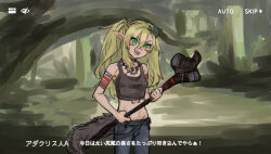 Rule 34 | 1girl, alternate costume, arknights, arm tattoo, asymmetrical bangs, bare shoulders, black shirt, blonde hair, chest tattoo, cowboy shot, crocodilian, crocodilian tail, crop top, denim, derivative work, dot nose, english text, facepaint, fake screenshot, fang, green eyes, groin, hair between eyes, head tilt, heads-up display, holding club, insect hair ornament, jeans, jewelry, jungle, long hair, matangom, matangomu-chan, nature, necklace, one side up, open mouth, original, outdoors, pants, parody, pillbug, pointy ears, shirt, smile, solo, source quote, spaghetti strap, stomach, tail, tan, tattoo, tooth necklace, v-shaped eyebrows