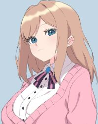 Rule 34 | 1girl, blue background, blue eyes, blush, breasts, cardigan, closed mouth, collared shirt, commentary request, highres, kashiwa (iersansi), light brown hair, long hair, looking at viewer, nijisanji, pink cardigan, shirt, simple background, solo, suzuhara lulu, upper body, virtual youtuber, white shirt