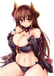 Rule 34 | 10s, 1girl, bare shoulders, bikini, black bikini, black jacket, bow, breasts, brown eyes, brown hair, cleavage, collar, cow girl, cow horns, curvy, draph, female focus, forte (shingeki no bahamut), granblue fantasy, highres, horns, jacket, large breasts, long hair, looking at viewer, navel, off shoulder, open clothes, open jacket, open shirt, parted lips, red bow, red eyes, shingeki no bahamut, shirt, simple background, sitting, solo, swimsuit, thick thighs, thighs, tokihama jirou, very long hair, white background, wide hips
