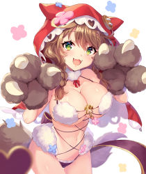 Rule 34 | 1girl, :3, animal ears, animal hands, bare shoulders, blush, braid, breasts, brown hair, cleavage, clip studio paint (medium), commentary request, cowboy shot, fake animal ears, fangs, fur-trimmed gloves, fur trim, gloves, green eyes, hair between eyes, hands up, highres, hood, hood up, large breasts, long hair, looking at viewer, navel, nijisanji, open mouth, panties, paw gloves, paw pose, piyoyanagi, purple panties, revealing clothes, ribbon, sidelocks, smile, solo, stomach, tail, twin braids, underwear, virtual youtuber, warabeda meiji, white background, wolf ears, wolf tail