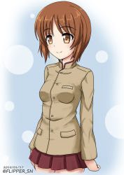Rule 34 | 10s, 1girl, alternate costume, blue background, brown eyes, brown hair, brown jacket, chi-hatan school uniform, circle, closed mouth, commentary, cowboy shot, dated, flipper, girls und panzer, high collar, jacket, long sleeves, looking to the side, miniskirt, nishizumi miho, one-hour drawing challenge, pleated skirt, red skirt, school uniform, short hair, skirt, smile, solo, standing, twitter username