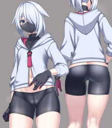 Rule 34 | 1girl, ass, bike shorts, black gloves, black shirt, black shorts, butt crack, commentary request, covered collarbone, gloves, gluteal fold, grey background, grey eyes, grey hair, grey jacket, groin, hair intakes, hair over one eye, highres, hood, hood down, hooded jacket, jacket, kneepits, long sleeves, looking at viewer, mask, mouth mask, multiple views, myouan, navel, original, puffy long sleeves, puffy sleeves, shirt, shorts, simple background, skindentation, undershirt