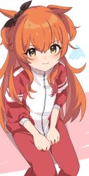 Rule 34 | 1girl, :i, animal ears, black ribbon, blush, bow, brown eyes, closed mouth, commentary request, ear ribbon, hair between eyes, highres, horse ears, inuyama nanami, jacket, long hair, long sleeves, looking at viewer, mayano top gun (umamusume), orange hair, pants, pout, red jacket, red pants, ribbon, solo, squiggle, track jacket, track pants, track suit, two side up, umamusume, v-shaped eyebrows, very long hair, wavy mouth, white background