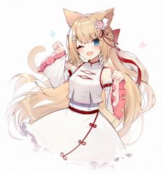 Rule 34 | 1girl, animal ear fluff, animal ears, bare shoulders, blonde hair, blue eyes, blush, cat ears, cat girl, cat tail, commentary request, detached sleeves, dress, flower, hair flower, hair ornament, hanazono serena, hanazono serena (channel), looking at viewer, muryotaro, one eye closed, open mouth, paw pose, simple background, solo, tail, virtual youtuber, white background
