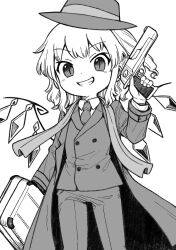 Rule 34 | 1girl, alternate costume, briefcase, buttons, cowboy shot, crystal, double-breasted, flandre scarlet, greyscale, grin, gun, hand up, handgun, hat, highres, holding, holding gun, holding weapon, jacket, long sleeves, looking at viewer, medium hair, monochrome, necktie, one side up, oninamako, pants, shirt, slit pupils, smile, solo, touhou, weapon, white background, white shirt, wings