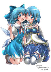 Rule 34 | 2girls, ;d, arm up, artist name, blue dress, blue eyes, blue gloves, blue hair, blue skirt, blush, bobby socks, bow, brown footwear, cheek-to-cheek, cirno, collarbone, commentary request, crossover, dated, dress, elbow gloves, fortissimo, gauntlets, gloves, hair between eyes, hair bow, hair ornament, heads together, highres, kneeling, leg belt, looking at another, looking at viewer, magical girl, mahou shoujo madoka magica, mahou shoujo madoka magica (anime), miki sayaka, multiple girls, musical note, musical note hair ornament, neck ribbon, one eye closed, open mouth, over-kneehighs, pinafore dress, puffy short sleeves, puffy sleeves, red neckwear, ribbon, shirt, short hair, short sleeves, skirt, sleeveless, sleeveless dress, smile, socks, thighhighs, touhou, trait connection, v, white legwear, white shirt, wing collar, wings, yazawa mana