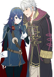 Rule 34 | 1boy, 1girl, ameno (a meno0), armor, belt, black gloves, black robe, blue cape, blue gloves, blue hair, blue pants, blush, brown belt, brown eyes, cape, commentary request, fingerless gloves, fire emblem, fire emblem awakening, gloves, gold trim, hair between eyes, height difference, hood, hood down, hooded robe, long hair, long sleeves, lucina (fire emblem), nintendo, pants, pauldrons, red cape, ribbed sweater, robe, robin (fire emblem), robin (male) (fire emblem), short hair, shoulder armor, simple background, smile, sweater, tiara, turtleneck, turtleneck sweater, two-tone cape, whispering in ear, white background, white hair, white pants