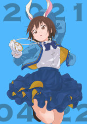 Rule 34 | 1girl, 9so (ponchon), :o, alice in wonderland, animal ears, arm behind head, arm up, blue background, blue bow, blue bowtie, blue hat, blue jacket, blue skirt, bow, bowtie, brown eyes, brown footwear, brown hair, buttons, clock, clock necklace, collared shirt, commentary, cosplay, dated, dated commentary, dress shirt, fake animal ears, funami yui, gloves, hand up, hat, highres, jacket, jewelry, jumping, long sleeves, looking at viewer, necklace, open clothes, open jacket, paperclip, rabbit ears, shirt, shirt tucked in, shoes, skirt, solo, teeth, upper teeth only, watch, white gloves, white rabbit (alice in wonderland), white rabbit (cosplay), white shirt, yuru yuri