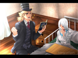 Rule 34 | 1boy, 1girl, artist name, blanket, blonde hair, choker, crying, curtains, drawer, dress, eyebrows, closed eyes, formal, hair ribbon, hat, highres, jewelry, jojo no kimyou na bouken, letterboxed, long hair, manga (object), necktie, original, plaid, plaid vest, poltergeist-el, ribbon, ring, robert e. o. speedwagon, scar, streaming tears, suit, table, tears, thick eyebrows, top hat, under covers, vest, white dress, white hair