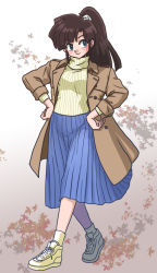 Rule 34 | 1girl, coat, full body, hands on own hips, kuonji ukyou, leaf, long skirt, maple leaf, ponytail, ranma 1/2, ribbed sweater, scrunchie, shoes, skirt, sneakers, solo, sweater, turtleneck, wanta (futoshi)