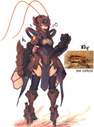 Rule 34 | 1girl, absurdres, armor, bug, clenched hands, covered mouth, full body, giant weta, green eyes, headgear, highres, joints, looking at viewer, mecha musume, original, pelvic curtain, photo inset, red hair, reference photo, robot joints, simple background, solo, standing, syaha, thighhighs, white background