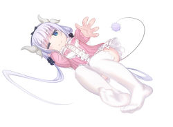Rule 34 | 1girl, ;), beads, blunt bangs, child, closed mouth, dragon girl, dragon horns, dragon tail, dress, dutch angle, feet, female focus, full body, hair beads, hair ornament, horns, kanna kamui, kobayashi-san chi no maidragon, light purple hair, lolita fashion, long sleeves, lying, no nose, no shoes, on side, one eye closed, outstretched arm, pink dress, simple background, smile, soles, solo, streamingsun, tail, thighhighs, white background, white thighhighs