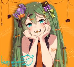 Rule 34 | 1girl, :d, arm tattoo, asagao minoru, bare arms, bare shoulders, black bow, black shirt, blue eyes, blush, bow, candy, candy hair ornament, commentary request, cross, dated, facial mark, fangs, food, food-themed hair ornament, food in mouth, ghost, green bow, green hair, hair ornament, hairclip, hands on own cheeks, hands on own face, happy halloween, hatsune miku, highres, lollipop, long hair, looking at viewer, mouth hold, necktie, number tattoo, open mouth, orange background, orange bow, orange necktie, pumpkin, purple bow, shirt, signature, sleeveless, smile, solo, tattoo, teeth, twintails, twitter username, very long hair, vocaloid