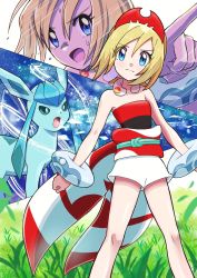 Rule 34 | 1girl, blonde hair, blue eyes, bracelet, closed mouth, collar, commentary request, creatures (company), eyelashes, game freak, gen 4 pokemon, glaceon, grass, hair between eyes, hairband, head tilt, highres, irida (pokemon), jewelry, knees, looking at viewer, multiple views, nintendo, pokemon, pokemon (creature), pokemon legends: arceus, red hairband, red shirt, sash, sheyona, shiny skin, shirt, short hair, shorts, strapless, strapless shirt, waist cape, white shorts