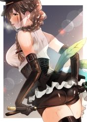 Rule 34 | 1girl, ass, black gloves, black hat, black shorts, black thighhighs, blush, braid, braided ponytail, brown eyes, brown hair, commentary request, dutch angle, earrings, elbow gloves, frilled skirt, frills, glance, gloves, hair over shoulder, hat, highres, idolmaster, idolmaster shiny colors, jewelry, kuwayama chiyuki, latex, latex gloves, long braid, long hair, looking at viewer, looking back, microskirt, peaked cap, riding crop, shade, shirt, short shorts, shorts, single braid, skirt, sleeveless, sleeveless shirt, solo, sweat, thighhighs, thighs, white shirt, yuko (haruruyuco)