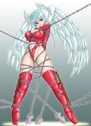 Rule 34 | 1girl, amiba00, angel wings, arms behind back, bdsm, blue eyes, bondage, boots, bound, breasts, chain, cleavage, covered erect nipples, crotch rope, female focus, final fantasy, final fantasy tactics, head wings, large breasts, legs, leotard, long hair, long legs, midriff, navel, red eyes, red thighhighs, silver hair, solo, thigh boots, thighhighs, thighs, ultima (fft), wings