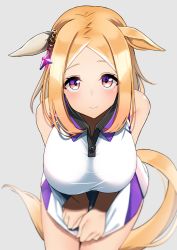 Rule 34 | 1girl, animal ears, blonde hair, blurry, blush, breasts, closed mouth, cowboy shot, depth of field, ear covers, highres, horse ears, horse girl, horse tail, komb, large breasts, leaning forward, looking at viewer, miniskirt, multicolored eyes, narita top road (umamusume), parted bangs, shirt, simple background, skirt, skirt tug, sleeveless, sleeveless shirt, smile, solo, sportswear, tail, tareme, taut clothes, taut shirt, tennis uniform, umamusume, v arms