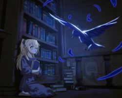 Rule 34 | 1girl, alternate costume, ama73, bird, blonde hair, book, hugging book, bookshelf, bow, casual, crow, crying, crying with eyes open, eyepatch, fischl (genshin impact), genshin impact, green eyes, hair bow, hair ribbon, highres, holding, holding book, long hair, long sleeves, looking at another, looking up, hugging object, oz (genshin impact), parted lips, ribbon, sidelocks, sitting, streaming tears, surprised, tears, two side up, wariza