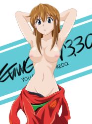 Rule 34 | 10s, 1girl, absurdres, armpits, arms behind head, arms up, bad id, bad pixiv id, blue eyes, breasts, breasts apart, brown hair, collarbone, copyright name, cowboy shot, earrings, english text, evangelion: 3.0 you can (not) redo, hair between eyes, hair down, highres, jewelry, large breasts, looking at viewer, narrow waist, navel, neon genesis evangelion, nipples, no panties, no pants, open mouth, plugsuit, rebuild of evangelion, sasuraino, solo, souryuu asuka langley, standing, stud earrings, topless, white background