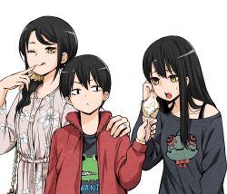 Rule 34 | 1boy, 2girls, :&lt;, ;p, black eyes, black hair, brother and sister, collarbone, dress, family, floral print, grey dress, grey shirt, hair ornament, hair over shoulder, hair scrunchie, highres, holding, holding ice cream cone, ice cream cone, izumi (toubun kata), jacket, jewelry, long hair, mieruko-chan, mother and daughter, mother and son, multiple girls, official art, one eye closed, open mouth, red jacket, ring, scrunchie, shirt, short hair, siblings, simple background, tongue, tongue out, upper body, white background, yellow eyes, yellow scrunchie, yotsuya kyousuke, yotsuya miko, yotsuya touko