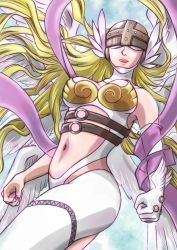 Rule 34 | 1girl, angel, angewomon, armor, artist request, bare shoulders, belt, blonde hair, breastplate, breasts, cleavage, covered eyes, digimon, digimon (creature), floating hair, helmet, huge breasts, large breasts, licking lips, lips, long hair, looking at viewer, multiple wings, solo, thighs, tongue, tongue out, very long hair, wings