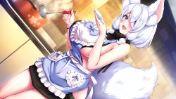 Rule 34 | 1girl, animal ear fluff, animal ears, apron, azarashi soft, black sweater, blast (lyricbox), blue bow, blue eyes, blush, bow, bowtie, breasts, cooking, dutch angle, female focus, game cg, hair between eyes, hair over one eye, hair tubes, hands up, happy, holding, holding ladle, indoors, jewel (the black canvas), kitchen, ladle, large breasts, legs, looking at viewer, lulu (one shota one), meme attire, nose blush, one shota one, open mouth, smile, solo, standing, steam, sweater, tail, thighs, twintails, virgin killer sweater, white hair