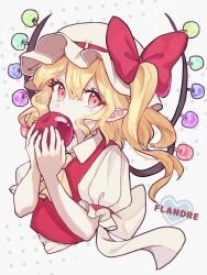 Rule 34 | 1girl, alternate wings, apple, ascot, blonde hair, character name, cropped torso, flandre scarlet, food, frilled sleeves, frills, fruit, hair between eyes, hat, highres, holding, holding food, holding fruit, long hair, looking at viewer, mob cap, nyanaya, one side up, pointy ears, polka dot, polka dot background, red eyes, red vest, shirt, short sleeves, solo, touhou, upper body, vest, white hat, white shirt, wings, yellow ascot