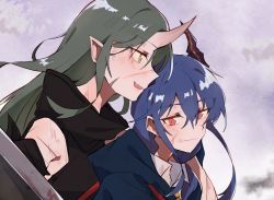 Rule 34 | 2girls, arknights, arm around shoulder, armband, black shirt, blue hair, blue jacket, ch&#039;en (arknights), closed mouth, collared shirt, commentary, cuts, dragon horns, facial scar, fang, female focus, from side, green eyes, green hair, hair between eyes, holding, holding shield, horns, hoshiguma (arknights), hug, injury, jacket, kyou 039, long hair, medium hair, multiple girls, necktie, open mouth, profile, red eyes, scar, scar on cheek, scar on face, shield, shirt, single horn, skin-covered horns, sleeveless, sleeveless shirt, smile, upper body, white shirt, wing collar, yellow neckwear