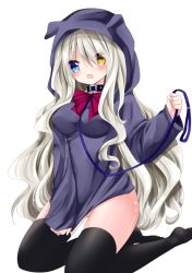Rule 34 | 1girl, animal collar, animal hood, bad id, bad pixiv id, black pantyhose, blue collar, blue eyes, blush, bow, bowtie, breasts, clothes tug, collar, commentary request, covering privates, covering crotch, dog hood, hair between eyes, head tilt, heterochromia, holding, holding leash, hood, hood up, hoodie, kneeling, leash, long hair, long sleeves, looking at viewer, medium breasts, naked hoodie, nanase nao, no shoes, open mouth, original, pantyhose, purple bow, purple bowtie, silver hair, simple background, sleeves past wrists, solo, sweat, v-shaped eyebrows, very long hair, white background, yellow eyes
