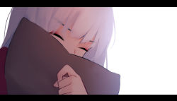 Rule 34 | 1girl, closed eyes, covering own mouth, facing viewer, hand up, highres, hugging object, letterboxed, long hair, original, pillow, pillow hug, red shirt, shimmer, shirt, silver hair, solo, white background
