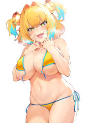 Rule 34 | 1girl, aqua hair, backlighting, bad id, bad pixiv id, bare shoulders, bikini, blonde hair, blush, bombergirl, breasts, cameltoe, colored skin, cowboy shot, fang, grenade hair ornament, groin, hands up, heavy breathing, highres, ikuchan kaoru, index finger raised, large breasts, legs together, looking at viewer, multicolored hair, multicolored skin, naughty face, navel, pine (bombergirl), raised eyebrows, short hair, side-tie bikini bottom, simple background, smile, solo, swimsuit, symbol-shaped pupils, thighs, two-tone hair, two side up, untied bikini, white background, yellow bikini