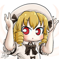 Rule 34 | 1girl, profile picture, beret, blonde hair, bow, bowtie, chamaji, chestnut mouth, commentary, drill hair, fairy, fairy wings, hair ribbon, hat, looking at viewer, lowres, luna child, red eyes, ribbon, ribbon-trimmed sleeves, ribbon trim, short hair, signature, solo, touhou, upper body, white background, wings