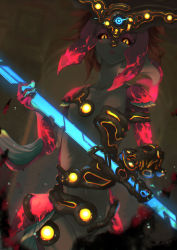 Rule 34 | 1girl, aura, black sclera, black skin, colored sclera, colored skin, corruption, cowboy shot, dark aura, dark persona, evil, fins, fish girl, glowing, glowing eyes, hair ornament, highres, holding, holding polearm, holding weapon, kandori makoto, lance, looking at viewer, looking down, mechanical parts, mipha, monster girl, multicolored skin, nintendo, no eyebrows, parted lips, polearm, possessed, possession, red hair, red skin, slit pupils, solo, the legend of zelda, the legend of zelda: breath of the wild, waterblight ganon, weapon, yellow eyes, zora