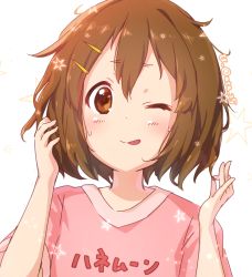 Rule 34 | 1girl, atu, bad id, bad pixiv id, blush, brown eyes, brown hair, casual, close-up, closed mouth, commentary request, hair between eyes, hair ornament, hairclip, hand in own hair, hirasawa yui, k-on!, looking at viewer, messy hair, one eye closed, pink shirt, playing with own hair, shirt, short hair, short sleeves, signature, simple background, solo, standing, star (symbol), sweat, tongue, tongue out, white background