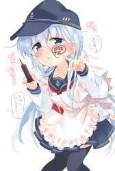 Rule 34 | 1girl, absurdres, anchor symbol, apron, black hat, black sailor collar, black thighhighs, blue eyes, chocolate, commentary request, cowboy shot, flat cap, frilled apron, frills, hat, hibiki (kancolle), highres, hizuki yayoi, kantai collection, knees together feet apart, legs together, long hair, looking at viewer, neckerchief, pink apron, pleated skirt, red neckerchief, sailor collar, school uniform, serafuku, silver hair, simple background, skirt, solo, standing, syringe, thighhighs, translation request, white background