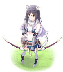 1girl animal_ear_fluff animal_ears armored_boots arrow_(projectile) belt belt_buckle black_hair boot_straps boots bow_(weapon) brown_belt buckle capelet fingerless_gloves from_above full_body fur_capelet gloves gradient_hair grass green_skirt highres holding holding_bow_(weapon) holding_weapon looking_at_viewer midriff multicolored_hair navel parted_bangs princess_connect! purple_hair roaru_(gyuren) shiori_(princess_connect!) skirt solo tail thighhighs tiger_ears tiger_girl tiger_tail vambraces weapon white_tail white_thighhighs yellow_eyes