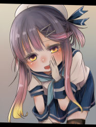 Rule 34 | 1girl, akino shuu, black thighhighs, blue neckerchief, blue sailor collar, blue skirt, commentary request, gloves, hat, kantai collection, long hair, neckerchief, open mouth, pleated skirt, puffy short sleeves, puffy sleeves, purple hair, sailor collar, sailor hat, school uniform, serafuku, short sleeves, skirt, solo, thighhighs, tsushima (kancolle), white gloves, white hat, wrist cuffs, yellow eyes