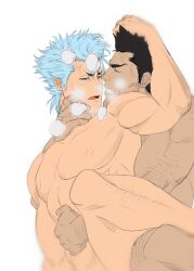 Rule 34 | 2boys, aizenhower, bara, beard stubble, black hair, bleach, blue hair, clenched teeth, closed eyes, completely nude, facial hair, grimmjow jaegerjaquez, implied anal, implied sex, kurosaki isshin, large pectorals, looking at another, male focus, mature male, multiple boys, muscular, muscular male, nipples, nude, open mouth, pectorals, short hair, simple background, stubble, teeth, white background, yaoi