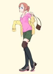 Rule 34 | 1girl, bag, bare shoulders, black footwear, blue eyes, blush, boots, bra strap, brown hair, brown socks, closed mouth, contrapposto, dressing, from side, green shorts, grey background, handbag, hi iro, high heel boots, high heels, highres, holding, jacket, knee boots, kneehighs, looking at viewer, looking to the side, motion lines, original, pink sweater, ponytail, short hair, shorts, simple background, smile, socks, solo, standing, sweater, yellow jacket