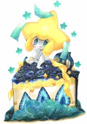 Rule 34 | aqua eyes, blueberry, blush, cake, cake slice, closed mouth, cream, creatures (company), dessert, food, food focus, fruit, full body, game freak, gen 3 pokemon, hand to own mouth, hand up, happy, highres, in food, jirachi, legendary pokemon, licking lips, looking at viewer, marker (medium), mofuo, mythical pokemon, nintendo, oversized food, oversized object, pokemon, pokemon (creature), simple background, sitting, smile, solo, star (symbol), strawberry, tongue, tongue out, traditional media, white background