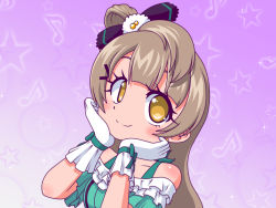 Rule 34 | 1girl, artist name, artist request, black bow, blush, bow, breasts, brown eyes, brown hair, collarbone, dress, earrings, female focus, frilled dress, frills, gloves, green bow, green dress, grey hair, hair bow, hands on own face, jewelry, kira-kira sensation!, light brown hair, long hair, love live!, love live! school idol project, michirin9801, minami kotori, musical note, musical note background, parted lips, small breasts, smile, solo, white gloves, yellow eyes