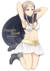 Rule 34 | 1girl, armpits, arms up, artist request, bikini, bikini top only, bikini under clothes, black cape, black footwear, blonde hair, blue eyes, boots, bracer, braid, breasts, cape, circlet, cleavage, copyright name, dragon&#039;s dogma, dragon&#039;s dogma (series), full body, long hair, looking at viewer, medium breasts, miniskirt, open mouth, parted bangs, pawn (dragon&#039;s dogma), simple background, skirt, smile, solo, swimsuit, teeth, twin braids, white background, white bikini, white skirt