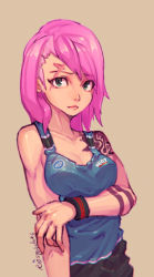 Rule 34 | 1girl, aged down, alternate hair length, alternate hairstyle, bare shoulders, black shorts, breast hold, breasts, cleavage, collarbone, commentary, cowboy shot, green eyes, highres, large breasts, lips, long hair, looking at viewer, mar10, overwatch, overwatch 1, pink hair, pink lips, scar, scar across eye, scar on face, shorts, simple background, sleeveless, solo, tank top, tattoo, wristband, zarya (overwatch)