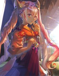 Rule 34 | 1girl, architecture, bad id, bad pixiv id, blush, commentary request, drill hair, east asian architecture, fire emblem, fire emblem heroes, flower, hair ornament, hand on own cheek, hand on own face, hand to own mouth, hatomame, japanese clothes, kimono, laevateinn (fire emblem), light smile, long hair, looking at viewer, nintendo, pink eyes, pink hair, quad drills, quad tails, rose, solo, very long hair