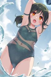 Rule 34 | absurdres, armpits, arms up, beach, blue sky, blush, breasts, cloud, commentary, cowboy shot, cream (nipakupa), day, fang, gluteal fold, green hair, green one-piece swimsuit, groin, highres, looking at another, love live!, love live! nijigasaki high school idol club, medium hair, mifune shioriko, navel, on water, one-piece swimsuit, open mouth, ponytail, red eyes, see-through, sidelocks, sky, small breasts, sunlight, swimsuit, thighs, water