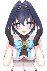 Rule 34 | 1girl, absurdres, black gloves, black shirt, blue bow, blue eyes, blue hair, blush, bow, bow earrings, breasts, chain, chain headband, clothing cutout, cropped shirt, earrings, fangs, gloves, hair intakes, highres, hololive, hololive english, jewelry, large breasts, looking at viewer, open mouth, ouro kronii, ouro kronii (1st costume), panpanmc4, sailor collar, shirt, short hair, solo, sparkling eyes, underboob cutout, virtual youtuber, white background, white sailor collar, white shirt