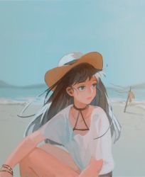 Rule 34 | 1girl, beach, blue sky, bracelet, brown hair, choker, clea (geee13), commentary request, day, hat, jewelry, long hair, looking afar, original, outdoors, sand, shirt, short sleeves, sitting, sky, solo, straw hat, sunlight, white shirt
